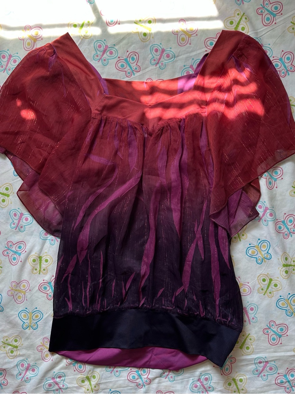 Y2K L8ter Rust Red & Purple Ombre Shimmery Flutter Batwing Sleeve Top